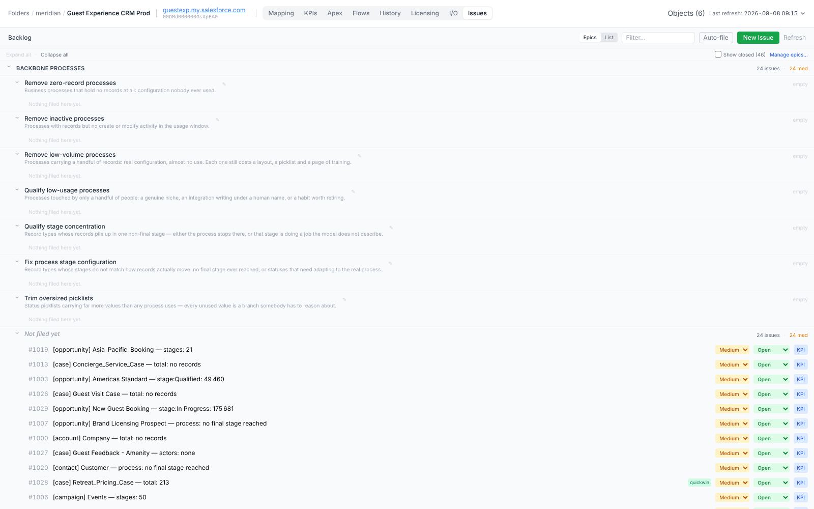 The Issues view opened on the Epics tree
